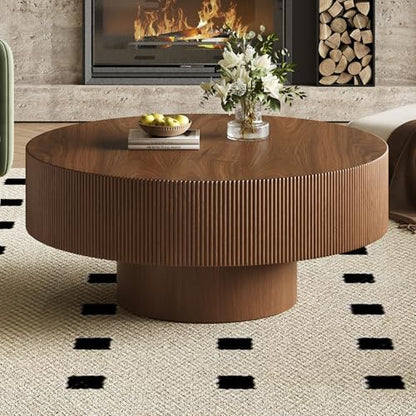 Merax Modern 35.4 Inch Round Large Coffee Table with Sturdy Base, Walnut