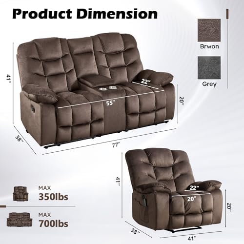 HAOMARKETS 2-Piece Recliner Sofa Couch Set, Include Single Power Electric Recliner Chair with Massage& Heat and 3-Seater Manual Reclining Sofa for Living Room Bedroom, Brown