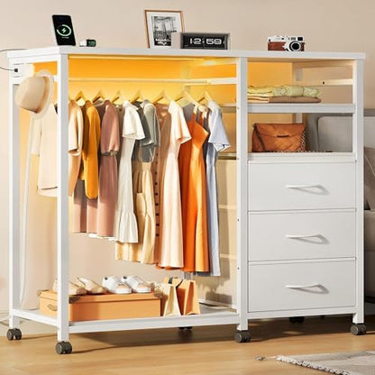 WLIVE LED Dresser for Bedroom, 3 Drawers with Hanging Rack, White