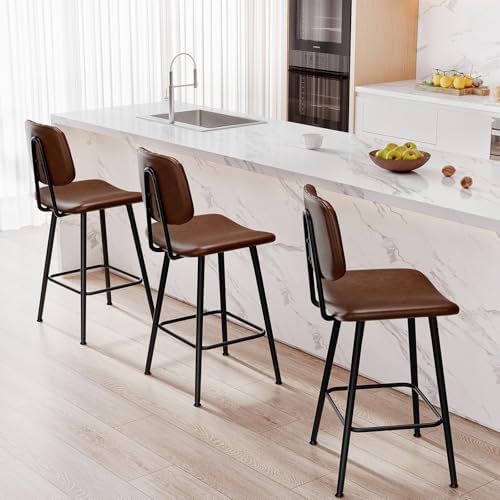 Raynesys 24-Inch Leather Bar Stools Set of 4 with High Backrest, Dark Brown