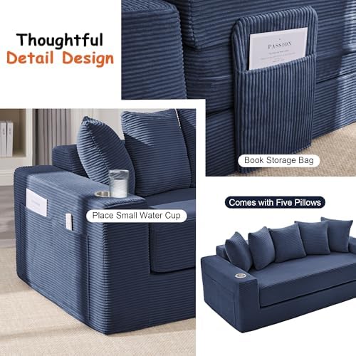 76" Convertible Sofa Bed, Corduroy Boneless Couch with Cup Holders & Pocket