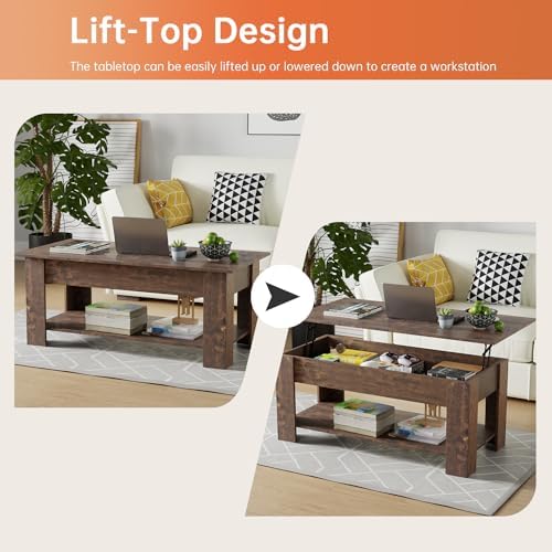 FDW | 47" Lift Top Coffee Table | Brown | with Hidden Storage