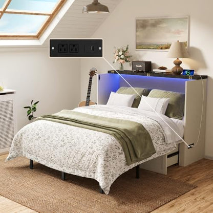 Queen Murphy Bed with Hidden Storage, Farmhouse Cabinet Bed with Storage Drawer, RGB LED Lights & Charging Station, Space-Saving Wall Bed with 6 Metal Legs, White