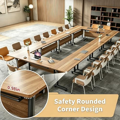 Folding Conference Table, Conference Room Tables with Wheels Foldable Large Rectangle Meeting Seminar Table for 6-12 People, Flip Top Mobile Training Table for Office Classr (4, Walnut 3, 55.1in)