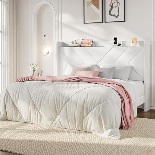 SHA CERLIN King Size Bed Frame, Velvet Upholstered Platform Bed Frame with Wingback Storage Headboard & Charging Station, Geometric Tufted Design, No Box Spring Needed, Easy Assembly, White