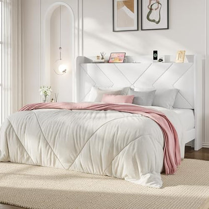 SHA CERLIN King Size Bed Frame, Velvet Upholstered Platform Bed Frame with Wingback Storage Headboard & Charging Station, Geometric Tufted Design, No Box Spring Needed, Easy Assembly, White
