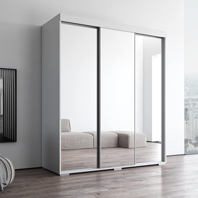 Meble Furniture Aria 3D Wardrobe with All Mirror Doors — Spacious Storage with Multiple Shelves — Modern Bedroom Closet, 82 H x 71 W x 26 D in — White
