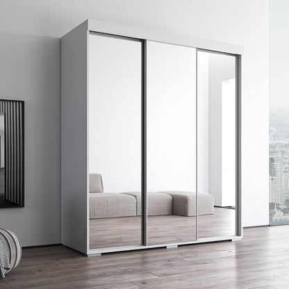Meble Furniture Aria 3D Wardrobe with All Mirror Doors — Spacious Storage with Multiple Shelves — Modern Bedroom Closet, 82 H x 71 W x 26 D in — White