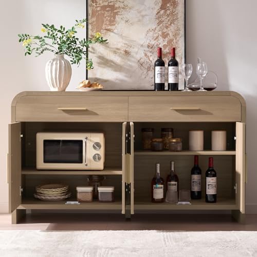 59" Sideboard Buffet Cabinet with Storage, 4 Doors Wood Cabinet Natural Oak