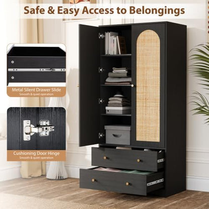 VINGLI Wardrobe Closet with Doors and Drawers, Rattan Armoire Closet with Hanging Rod, Rattan Armoire with Shelves and Doors, Wooden Wardrobe for Hanging Clothes, Black