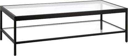 Henn&Hart 54" Wide Rectangular Rectangular Coffee Table in Blackened Bronze, Modern Rectangular Coffee Tables for living room, studio apartment essentials | Open lower shelf adds practical storage while the glass design keeps spaces feeling bright