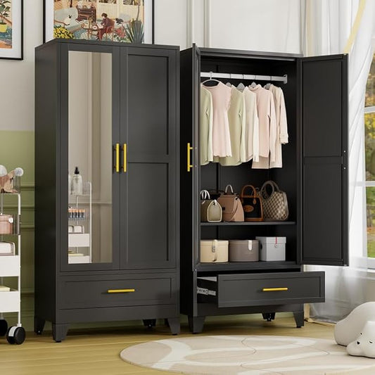 Metal Armoire Wardrobe Closet Storage Cabinet with Mirror Black, 71'' Wardrobe Cabinet with Hanging Rod Metal Closet with Adjustable Shelf and Drawer for Bedroom, Laundry Room, Cloak Room