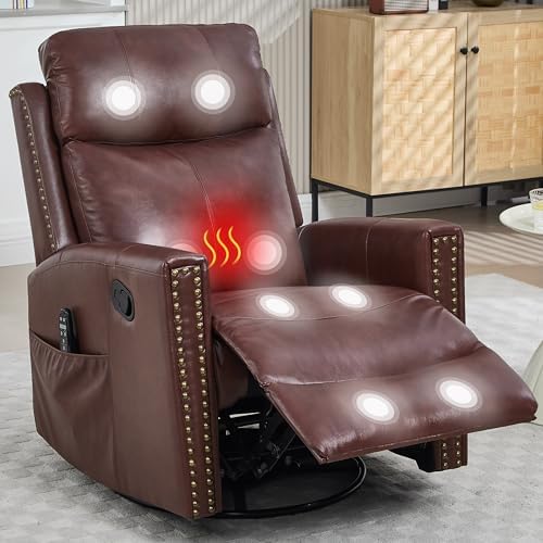 Brown leather recliner chair with nailhead trim, adjustable headrest, side pocket, and built-in light therapy panels on the head, back, and footrest. The chair is shown reclined with illuminated light zones and a red heat graphic indicating heated massage areas.