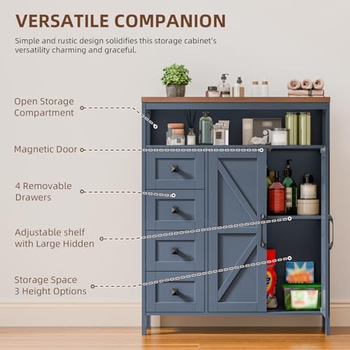 Farmhouse Storage Cabinet with 2 Doors and 4 Drawers, Blue