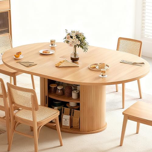 Extendable Round Dining Table for 2-4-6, 63 Inch Dining Room Kitchen Table with 2-Tier Storage Shelf, Modern Farmhouse Fluted Wood Slide Door Dinner Furniture,Oval Circle (Oak-63 Inch)