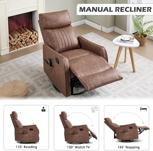 Trustyue Swivel Rocker Recliner Chair, 360° Swivel Recliner with Heat and Massage, Rocker Recliner Nursery Glider Chair with Side Pockets for Living Room (Dark Brown, Faux Leather)