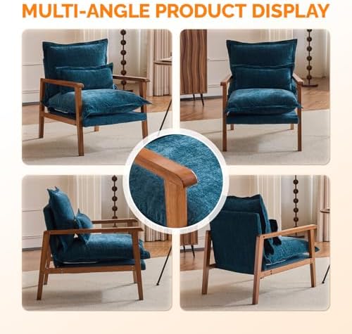 VINGLI Mid-Century Modern Cloud Accent Armchair with Lumbar Pillow, 6.3'' Thick Seat Cushion Comfortable Reading Chair with Wooden Armrests，Boho Lounge Chair for Bedroom, Living Room, Chenille, Teal