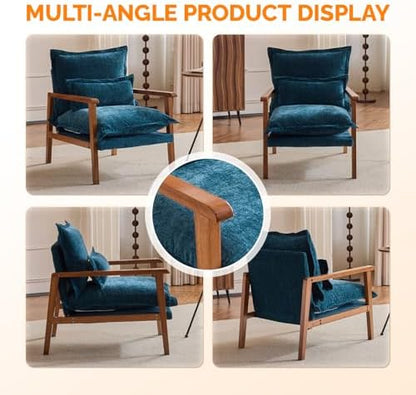 VINGLI Mid-Century Modern Cloud Accent Armchair with Lumbar Pillow, 6.3'' Thick Seat Cushion Comfortable Reading Chair with Wooden Armrests，Boho Lounge Chair for Bedroom, Living Room, Chenille, Teal