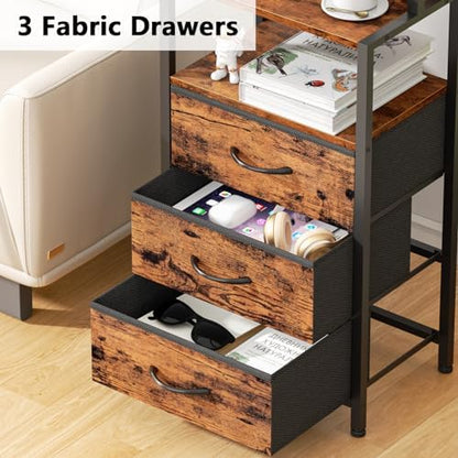 Furnulem Night Stand with Charging Station, Tall Nightstand, LED Lights