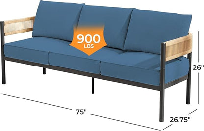 Gand Patio Outdoor 3-Seat Couch Sofa, Wicker Conversation Set with Thick Cushion for Porch, Garden, Yard (Peacock Blue)