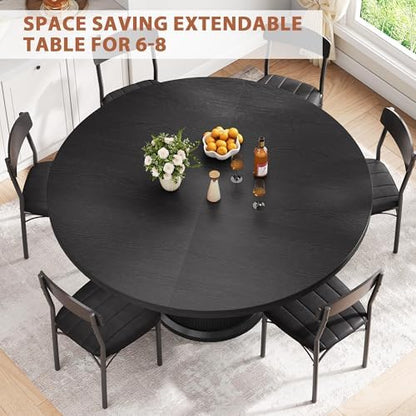 Jocoevol Extendable Round Kitchen Dining Room Table for 4-6 with 2-Tier Storage Shelf, 63'' Space Saving Expandable Wood Oval Circle Dinner Furniture with Pedestal Base(Black)