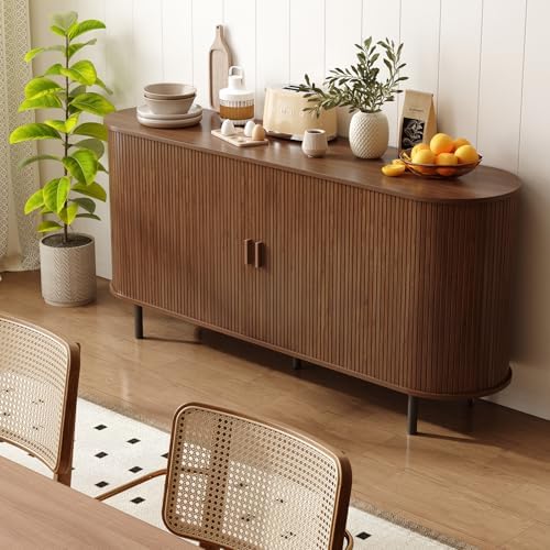 ONBRILL 63" Sideboard Buffet Cabinet, Sliding Door/Adjustable Shelf, Walnut