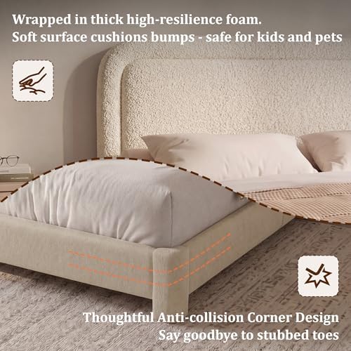 Vipbear Boucle Queen Size Bed Frame with Adjustable Headboard, Upholstered Platform Bed Frame with Wood Slats, Noise-Free Cloud Queen Bed, No Box Spring Required, Easy Assembly, Beige