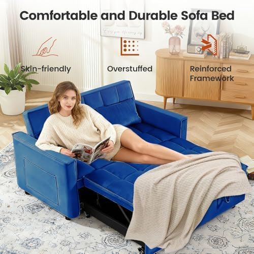 Pull Out Couch, Convertible Sofa Bed With Side Pockets, 3 in 1 Velvet Fabric Loveseat sleeper sofa bed, Love Seat Sleeper Bed with Adjustable Backrest for Living Room, Bedroom, Apartment, Blue