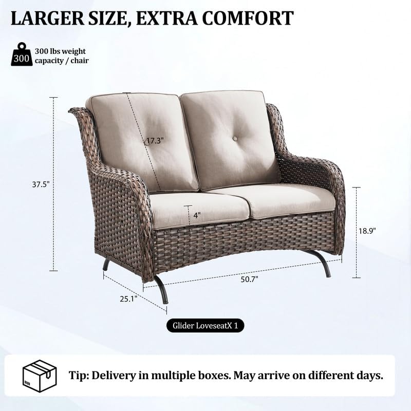 Outdoor Wicker Glider Loveseat, Porch Glider 2 Seater Couch, Brown/Beige
