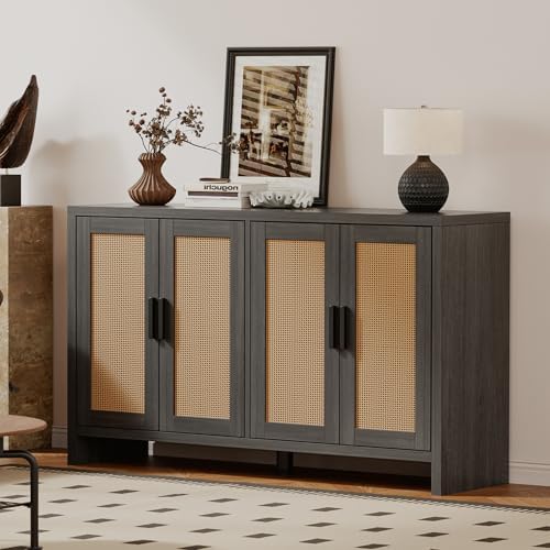 Rattan Buffet Cabinet with Storage, Sideboard with Doors, Console Table, Farmhouse Coffee Bar, Modern Wood Long Cabinets (Brown Black)