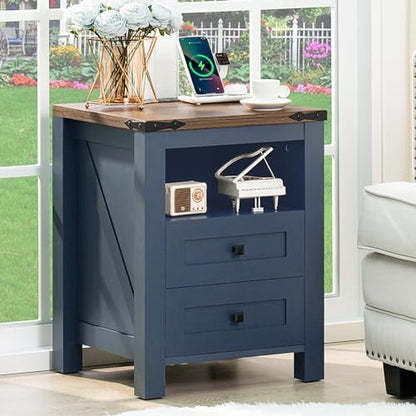 Joaxswe Nightstand with Charging Station and 2 Drawers, Farmhouse