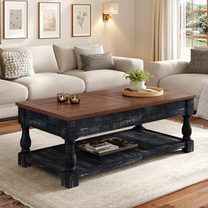 47" Farmhouse Lift Top Coffee Table with Storage, Solid Wood + MDF Center Table with Walnut Brown Top & Antique Black Base, Rustic Two-Tier Rectangular Coffee Table for Living Room