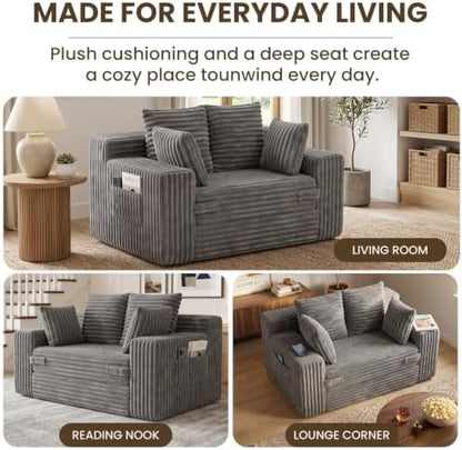 54" Boneless Couch Loveset Sofa Bed Sectional Couches for Bed Room Cloud Convertible Boneless Couch with Pull Out Couch Bed, Removable Floor Sleeper, Side Pockets & 4 Pillows, No Assembly Required