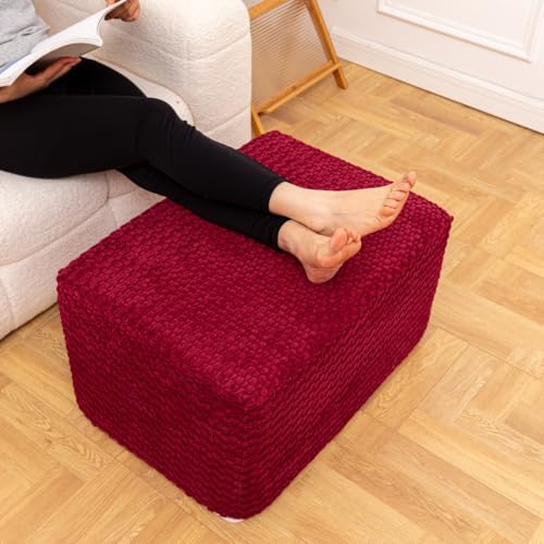 Round Pouf Ottoman Boho Poof Home Decor Floor Pouffe Ottoman Foot Rest for Couch Sofa Bean Bag Chairs Living Room Bedroom (Burgundy, 22x18x14 Inches, Rectangular)