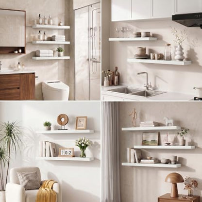 Floating Shelves - 2 Pack 30 Inch Long Rustic Wooden Wall Shelves - 8 Inch Deep Wall Mounted Storage Shelf with Invisible Heavy-Duty Brackets for Books, Bathroom, Kitchen - White