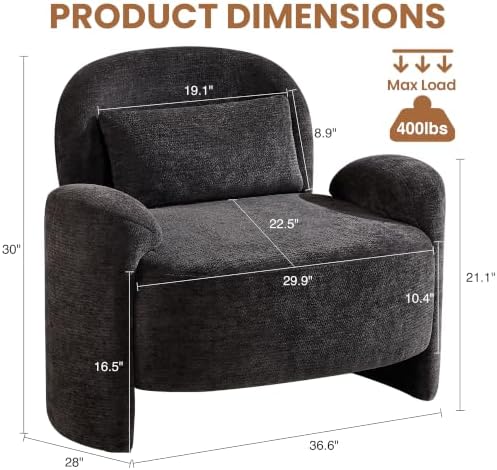 Accent Chairs Set of 2, Modern Chenille Fabric Lounge Reading Sofa with Lumbar Pillow, Upholstered Arm Chairs for Living Room, Bedroom & Office, Dark Grey