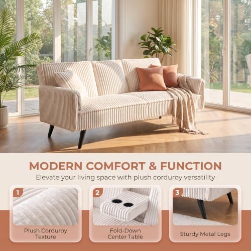 Corduroy Convertible Sofa Bed, Futon Couch with Cup Holders, White