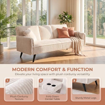 Corduroy Convertible Sofa Bed, Futon Couch with Cup Holders, White