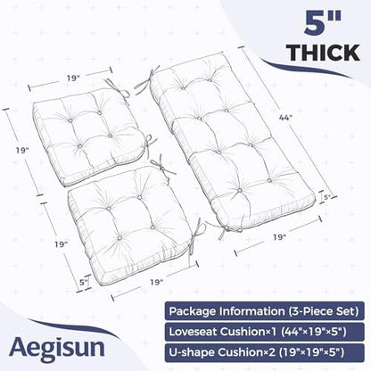Wicker Chair Cushions of 3 Pieces, Waterproof Cushions for Patio Furniture, Tufted Wicker Outdoor Furniture Cushions, 1 Patio Loveseat Cushion and 2 U-Shaped Cushions, 44"x19"x5", Beige