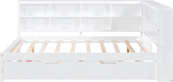 Bellemave Full Corner Bed Frame with Trundle, Wood Full Size Daybed with L-Shaped Bookcase，Daybed with Storage Cabinets, White