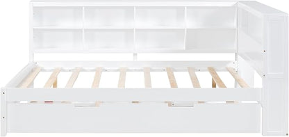 Bellemave Full Corner Bed Frame with Trundle, Wood Full Size Daybed with L-Shaped Bookcase，Daybed with Storage Cabinets, White