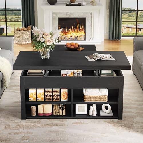 YITAHOME Lift Top Coffee Table Set with Storage Ottoman Bench & Wheels, 4 in 1 Convertible Dinning Center Tables with Hidden Compartment, Farmhouse Coffee Tables for Living Room Furniture, Black