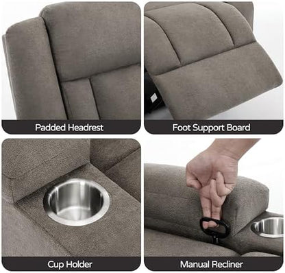 Recliner Sofa with Cup Holders, 4-Seater Fabric Reclining Couch, Manual Recliner Wall Hugger for Living Room, Home Theater (Light Brown)