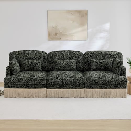 100.3" 3 Seat Modular Sofa Couch, Chenille Leopard Print Upholstered Sofa with Tassel Trim, Deep Seat Sectional Couch for Studio Seating Area
