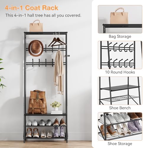 24" Black Hall Tree with Bench and Shoe Storage, Double Row Hooks Coat Rack Freestanding Organizer, Heavy Duty Coat Rack with Shoe Storage, Coat and Shoe Rack Entryway Mudroom Hallway