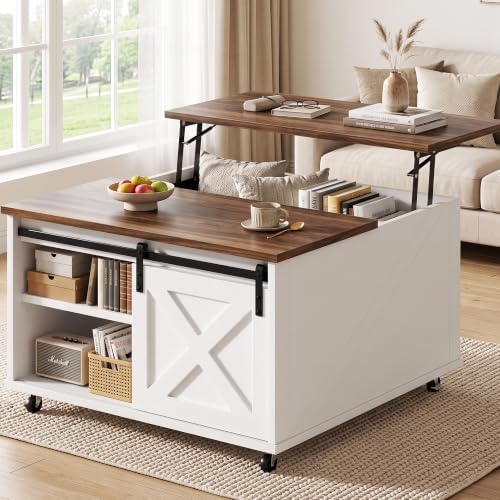 Shintenchi 31.5" Lift Top Coffee Table with Wheels & Storage, Square Farmhouse Lift Tabletop Coffee Tables for Living Room with Large Hidden Storage Compartments & Adjustable Shelves, White