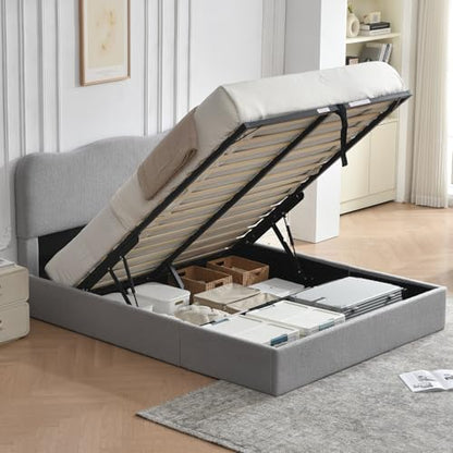 VELOCAVA Full Size Lift-Up Storage Bed, Modern Upholstered Boucle Bed with Curved Headboard, Gas Lift Platform, Sturdy Wooden Slat Support, No Box Spring Needed, Easy Assembly, Light Gray