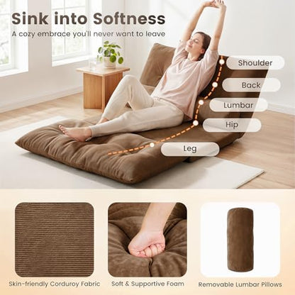 GIANTEX Adjustable Floor Sofa Couch with 2 Pillows, Multi-Functional 6-Position Foldable Lazy Sofa Sleeper Bed, Multi-Functional Suede Floor Seating Sofa for Reading Gaming (Coffee)
