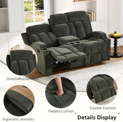 HAOMARKETS 3-Piece Manual Recliner Sofa Set, Included 2 Recliner and Loveseat 2-Seater Sofa with Center Console, Overstuffed Fabric Reclining Couches with Cup Holders for Living Room, Green