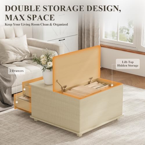 MALOL Storage Coffee Table with 2 Drawers & Flip-Top Lid with Hidden Storage, Modern Fluted Wood Coffee Table, Solid Wood Legs, Square Center Table for Living Room, Light Wood